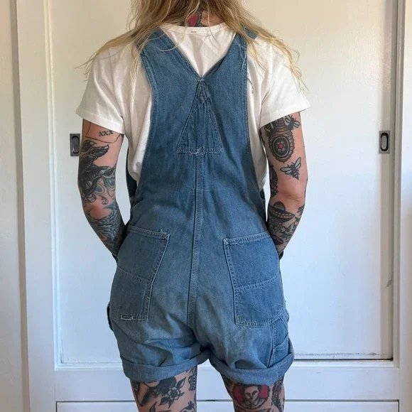 Vintage 1970s Gap Denim Shorts Medium Wash Workwear Overalls Carpenter - Picture 7 of 9